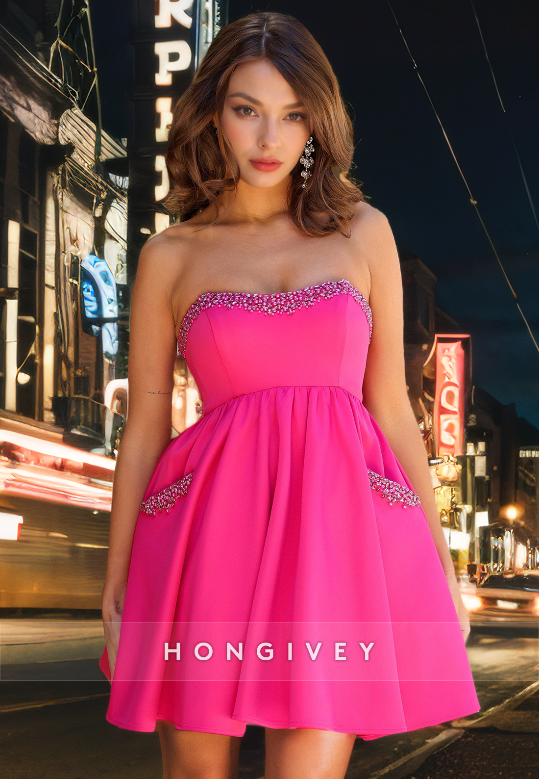 Satin A-Line Strapless Beaded Empire Party/Homecoming Dress