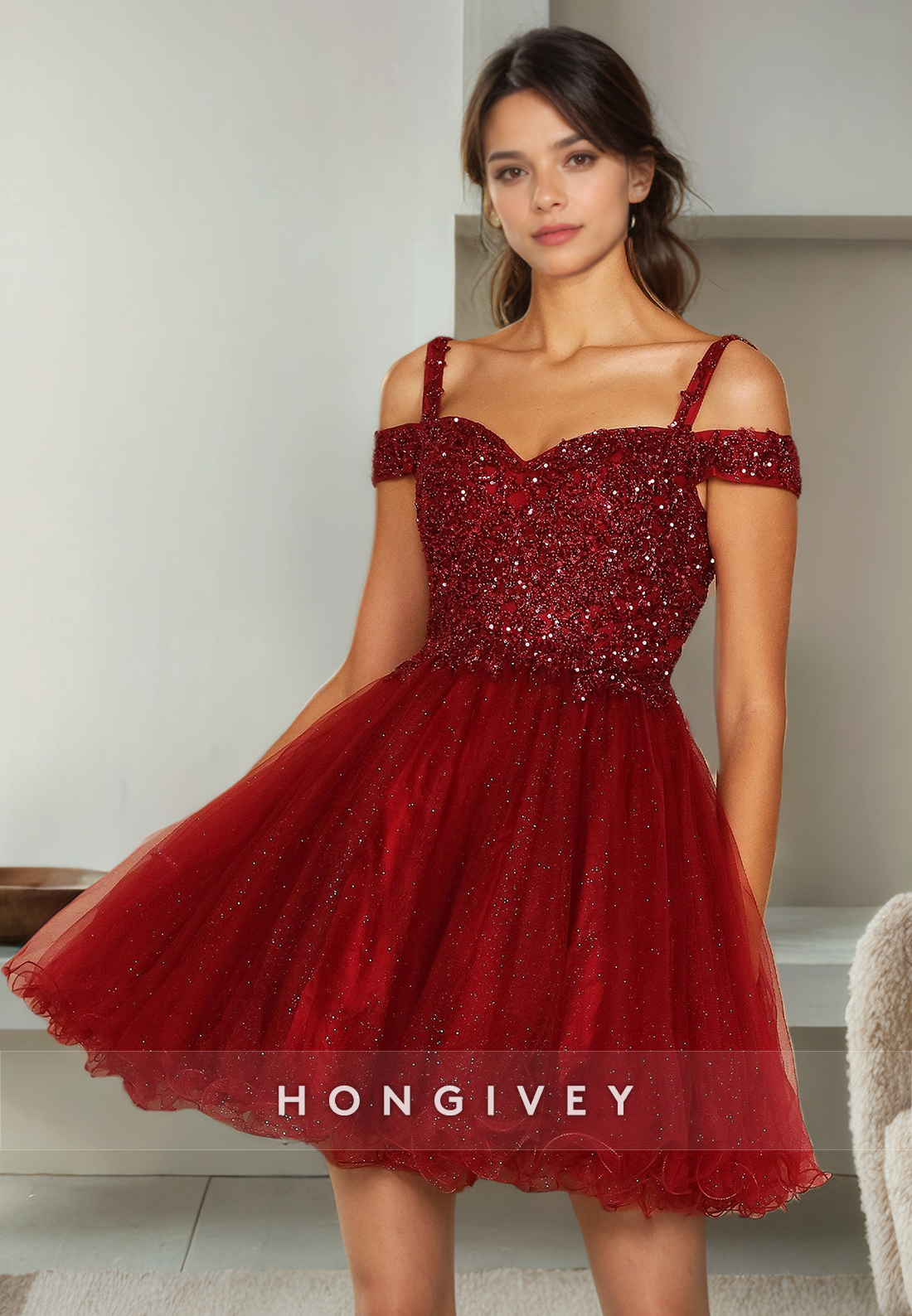 Chic Tulle A-Line Off-Shoulder Beaded Appliques Short Homecoming Dress