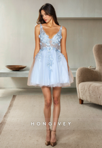 Chic Tulle A-Line V-Neck Sleeveless  Lace Applique Short Homecoming Dress