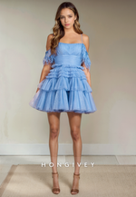 Glitter Tulle A-Line Square Off-Shoulder Tiered Short Homecoming Dress