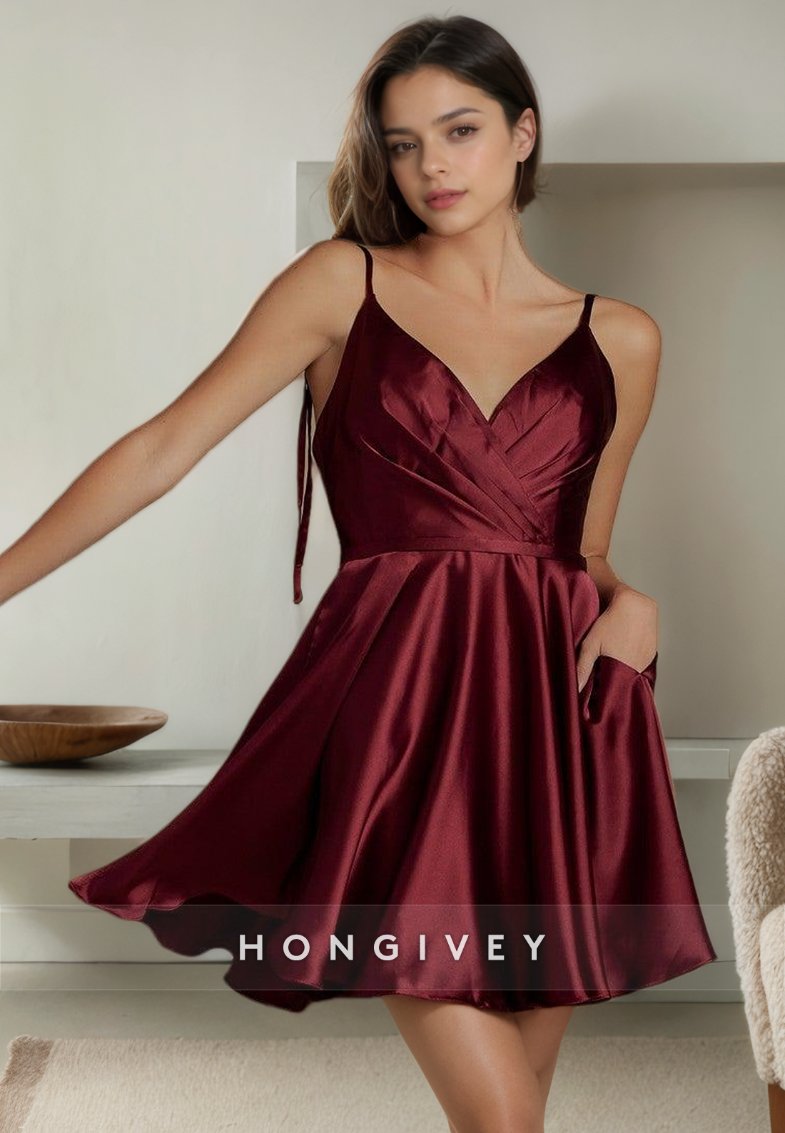 Satin A-Line V-Neck Spaghetti Straps With Pockets Short Homecoming Dress