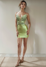 V-Neck Spaghetti Straps Beaded Appliques Short Party Homecoming Dress