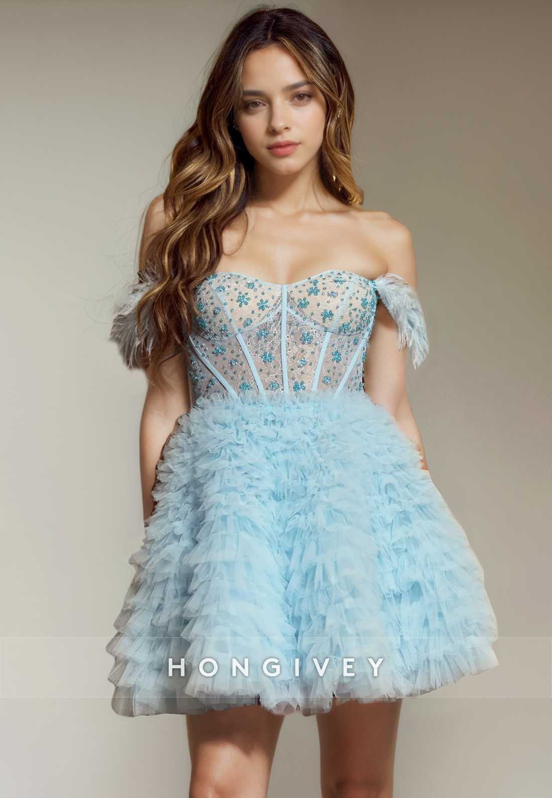 Tulle A-Line Sweetheart Off-Shoulder Beaded Short Party Homecoming Dress