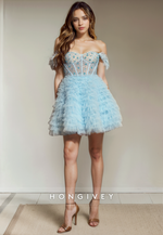 Tulle A-Line Sweetheart Off-Shoulder Beaded Short Party Homecoming Dress