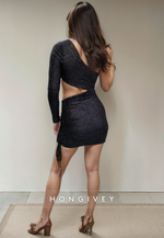 One Shoulder Long Sleeve Illusion Empire Glitter Short Party Homecoming Dress