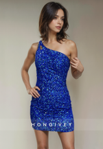 Glitter Fitted One Shoulder Fully Sequined Short Party Homecoming Dress