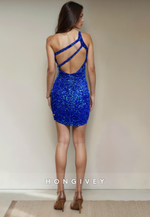 Glitter Fitted One Shoulder Fully Sequined Short Party Homecoming Dress