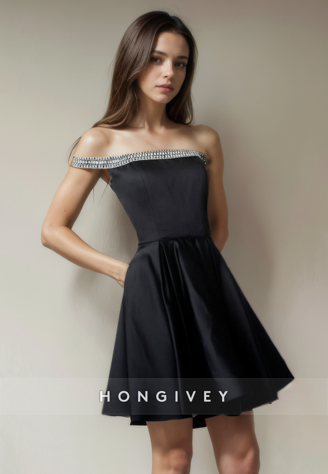 Satin A-Line Beaded Off-Shoulder Short Party Homecoming Dress