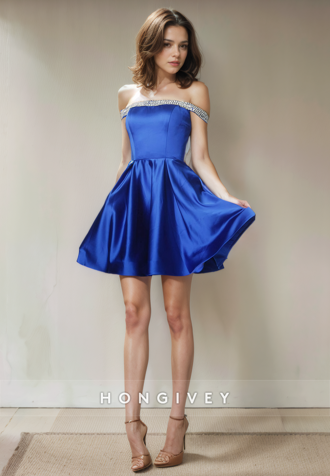 Satin A-Line Beaded Off-Shoulder Short Party Homecoming Dress