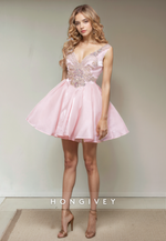 Chic Satin A-Line V-Neck Appliques Short Party Homecoming Dress