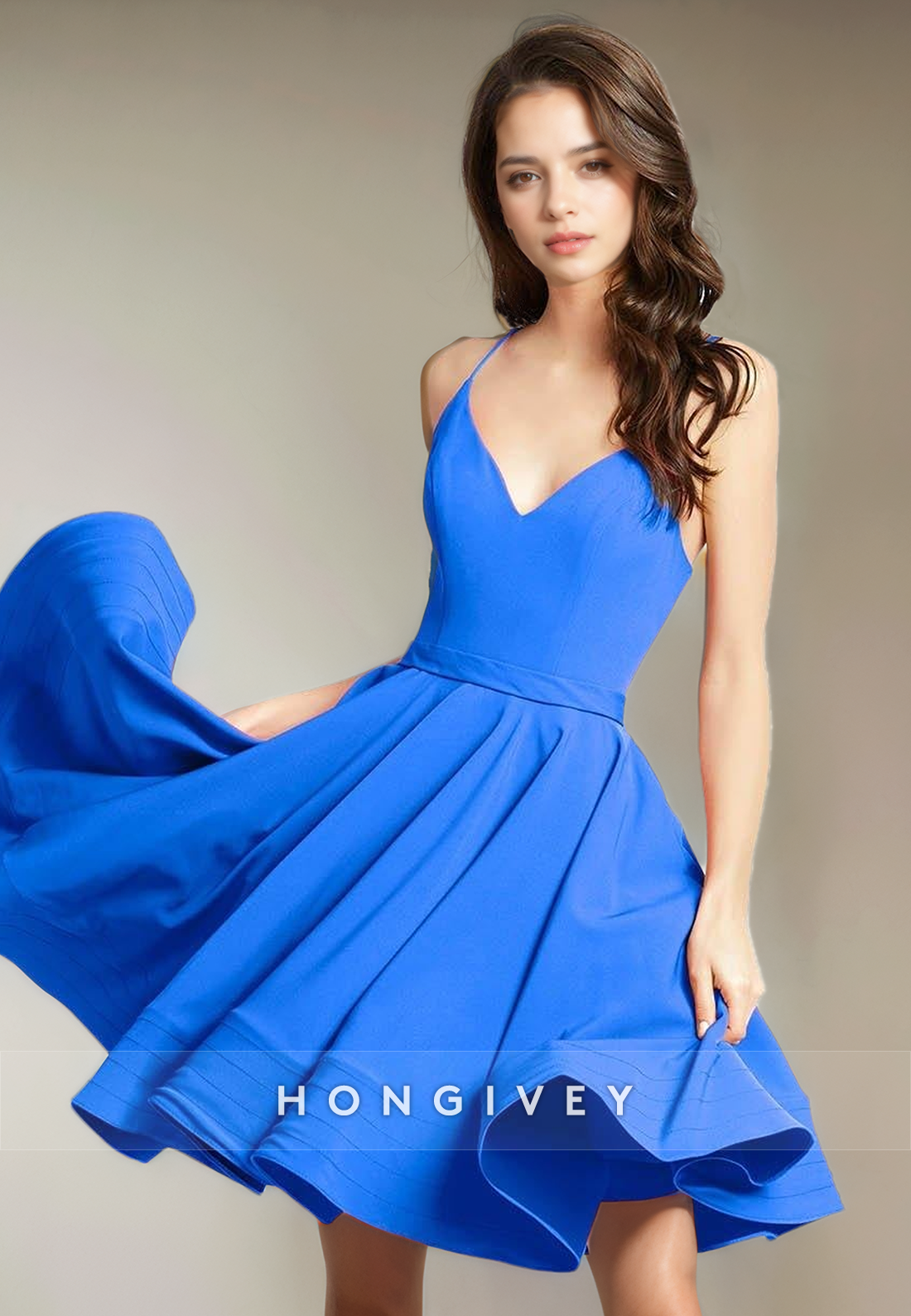 Satin A-Line V-Neck Spaghetti Straps Short Party Homecoming Dress