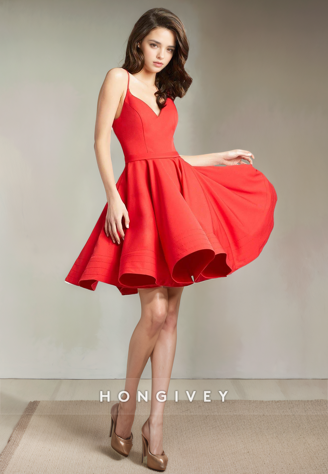 Satin A-Line V-Neck Spaghetti Straps Short Party Homecoming Dress