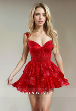 Lace A-Line Sweetheart Spaghetti Straps Sequined Appliques Short Party Homecoming Dress