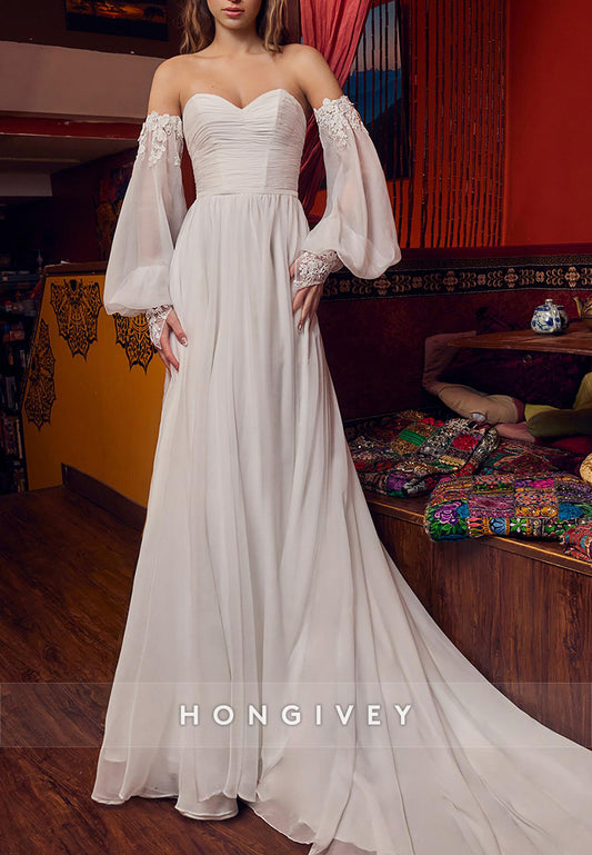 Low Back Pleated Flowers Appliques Lace Off the Shoulder Sweetheart Chapel Train A-line Wedding Dress