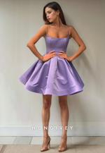 Casual Satin A-Line Bateau Spaghetti Straps Short Party Homecoming Dress