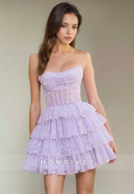 Tulle A-Line Bateau Strapless Tiered Short Party Homecoming Dress