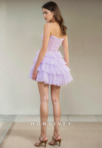 Tulle A-Line Bateau Strapless Tiered Short Party Homecoming Dress