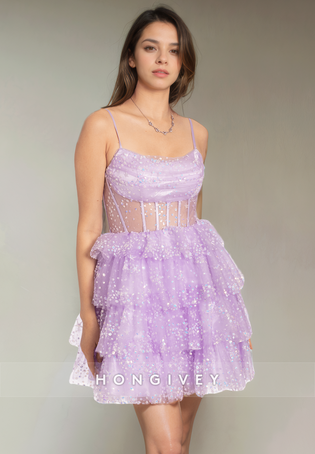 Tulle A-Line Bateau Spaghetti Straps Sheer Short Party Homecoming Dress