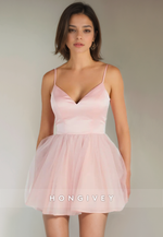 V-Neck Spaghetti Straps Tulle A-Line Short Party Homecoming Dress