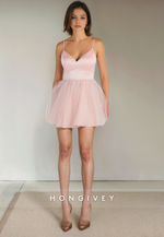 V-Neck Spaghetti Straps Tulle A-Line Short Party Homecoming Dress