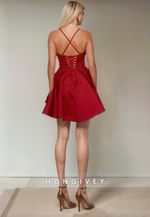 Chic Satin A-Line Spaghetti Straps Lace Applique Short Party Homecoming Dress