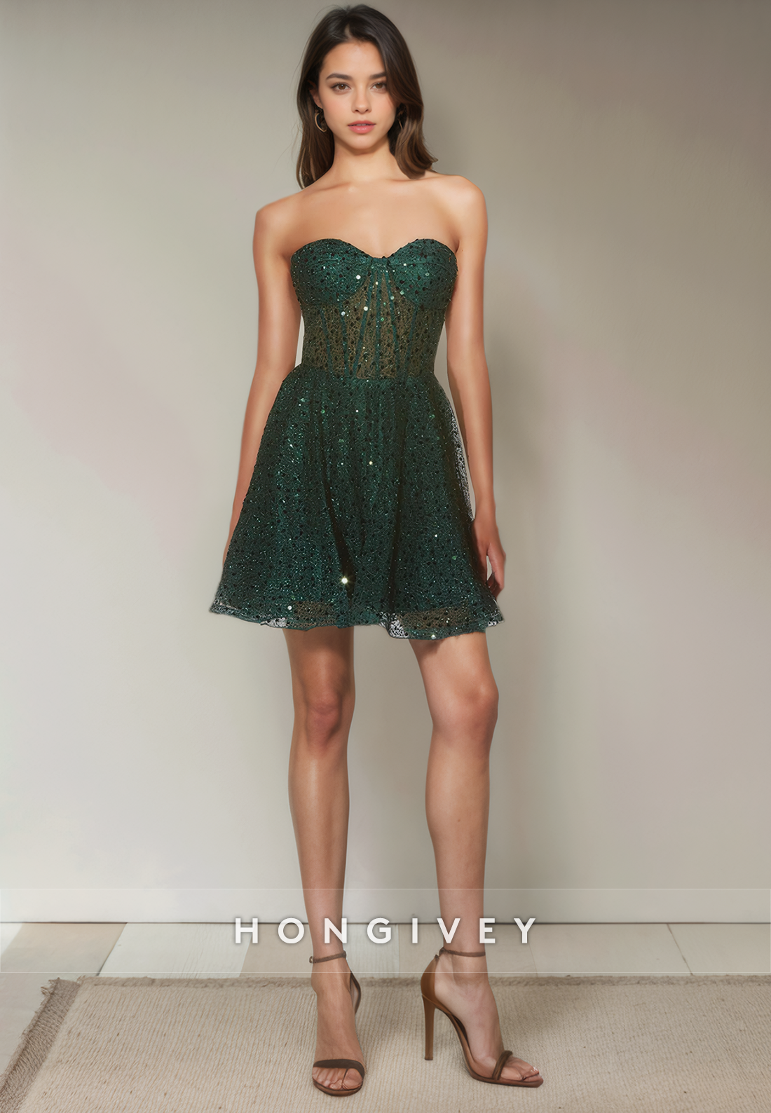 A-Line Sweetheart Strapless Sheer Sequined Short Party Homecoming Dress