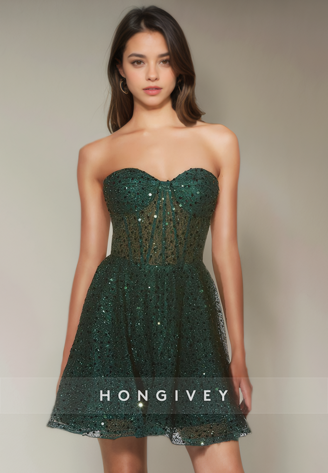 A-Line Sweetheart Strapless Sheer Sequined Short Party Homecoming Dress