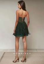 A-Line Sweetheart Strapless Sheer Sequined Short Party Homecoming Dress