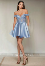 Off-Shoulder Sweetheart Lace Applique Sheer Short Party Homecoming Dress