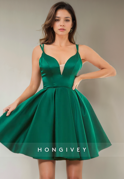 Satin A-Line V-Neck Spaghetti Straps Bowknot Short Party Homecoming Dress