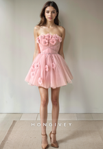 Sweet Tulle A-Line Strapless Floral Embossed Short Party Homecoming Dress