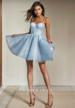 Glitter Tulle A-Line Sweetheart Spaghetti Straps Short Party Homecoming Dress