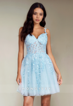 Sweetheart Spaghetti Straps Lace Applique Tulle Short Party Homecoming Dress