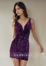 Glitter Fitted V-Neck Sleeveless Fully Sequined Short Party Homecoming Dress