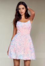 Glitter A-Line Bateau Spaghetti Straps Fully Sequined Short Party Homecoming Dress