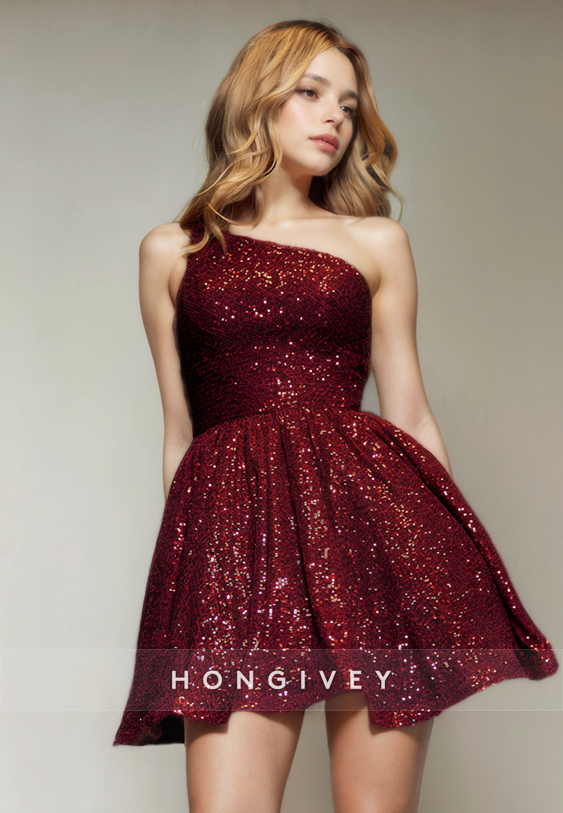 A-Line One Shoulder Sleeveless Sequined Short Party Homecoming Dress