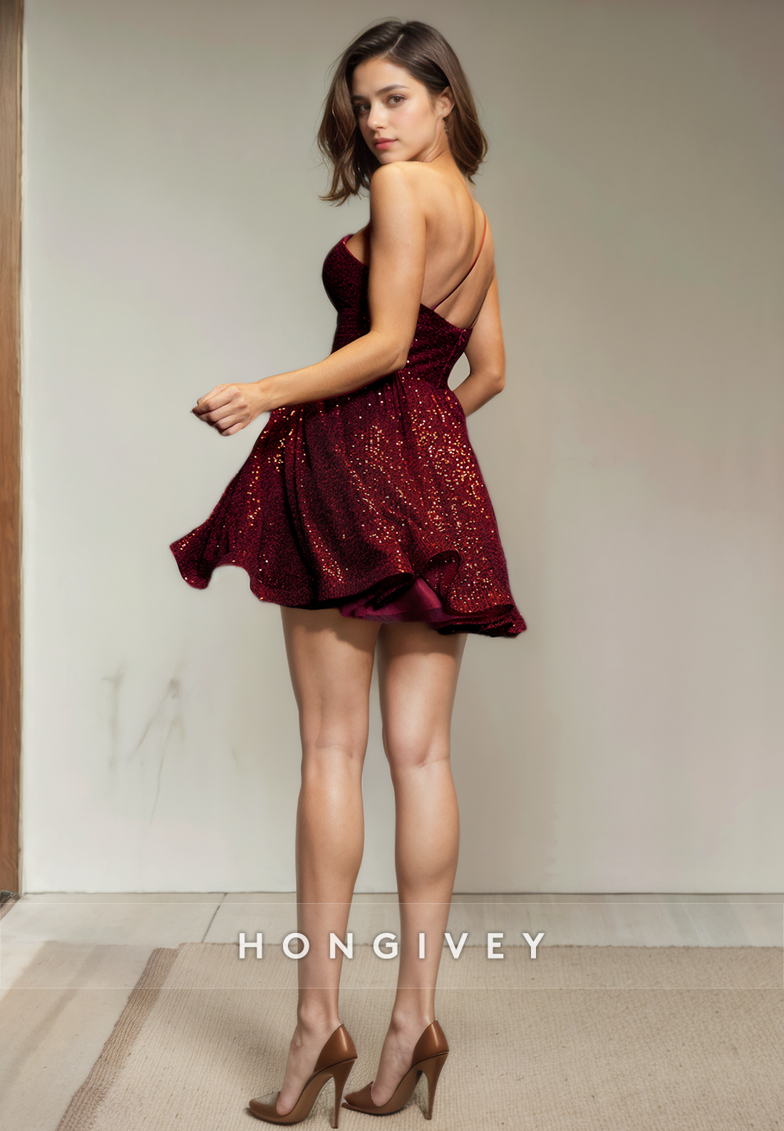 A-Line One Shoulder Sleeveless Sequined Short Party Homecoming Dress