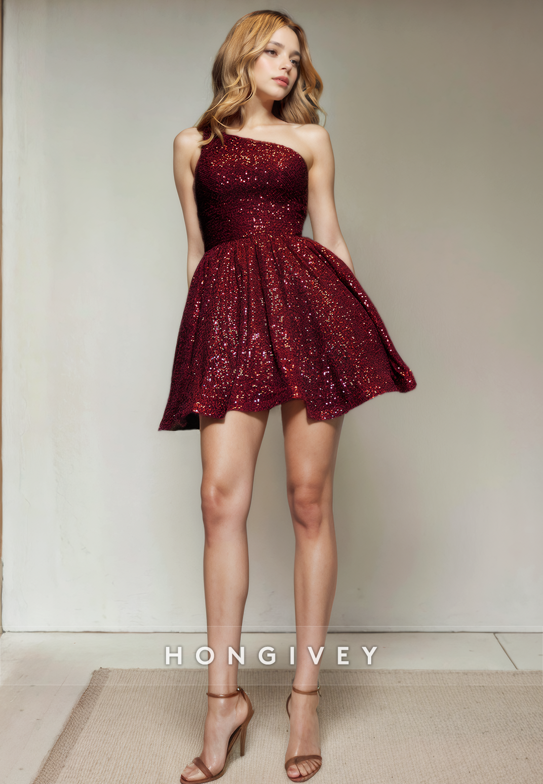 A-Line One Shoulder Sleeveless Sequined Short Party Homecoming Dress