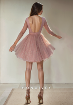 A-Line Round 3/4 Sleeves Tulle Short Party Homecoming Dress