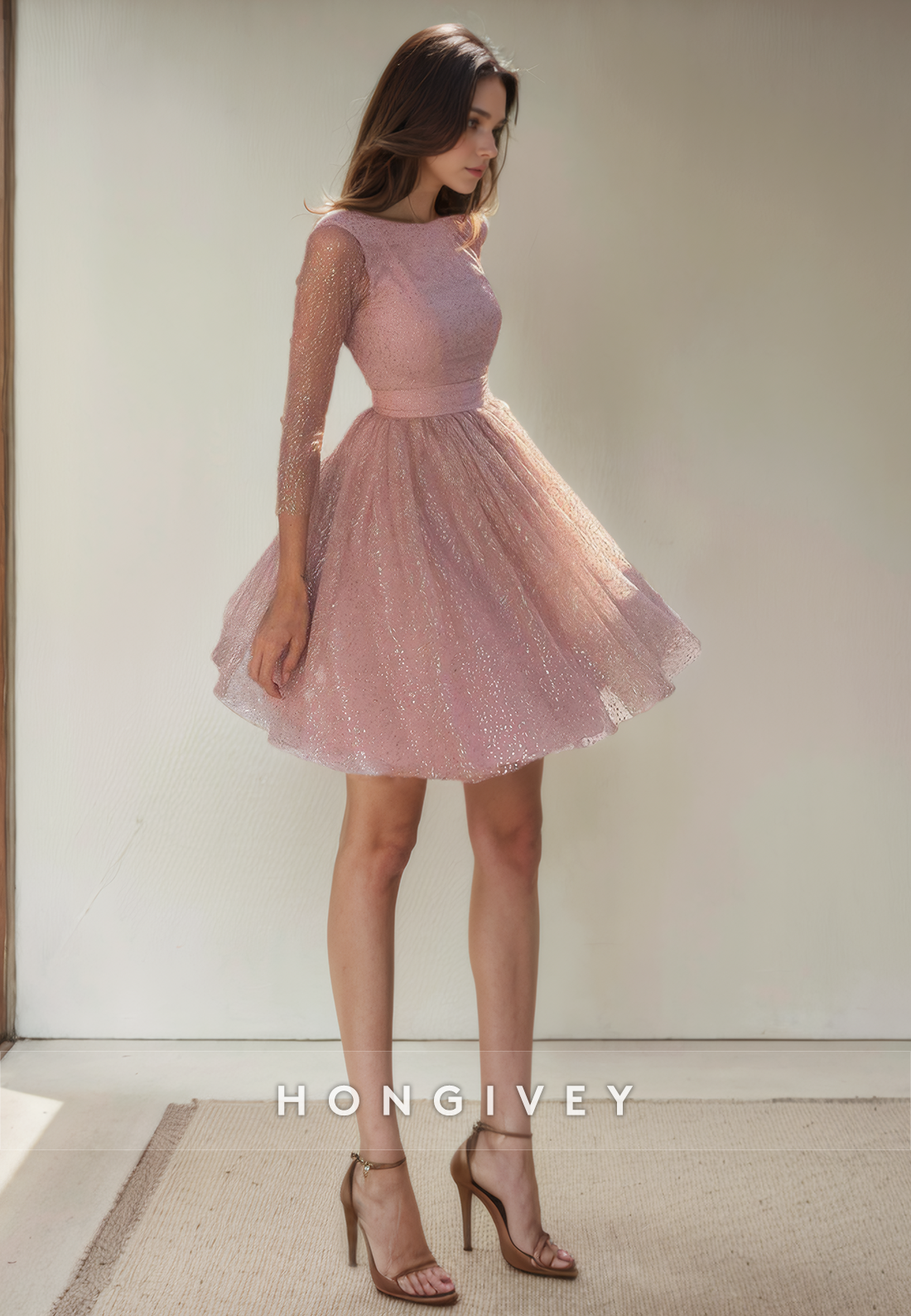 A-Line Round 3/4 Sleeves Tulle Short Party Homecoming Dress