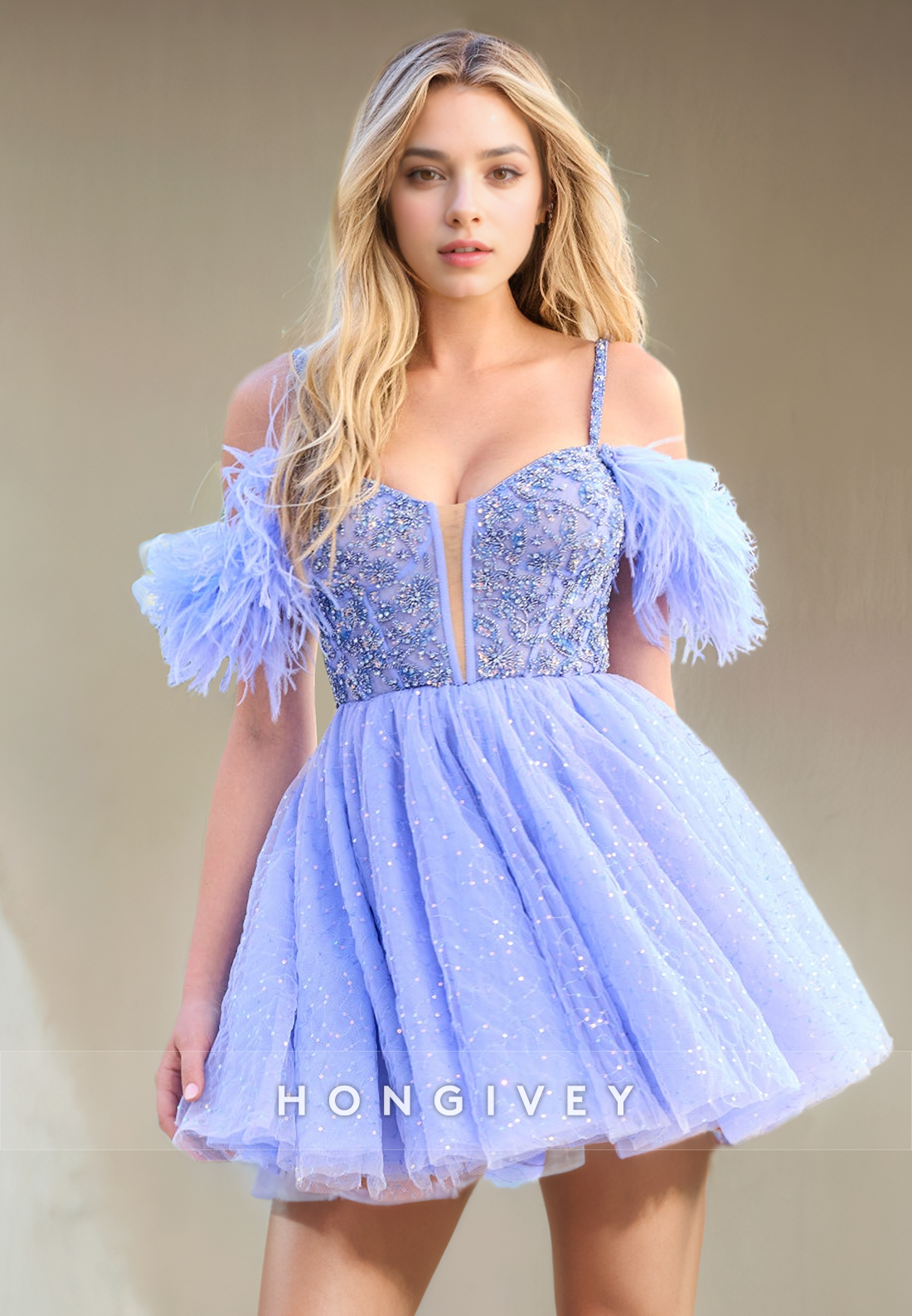 Tulle A-Line Bateau Spaghetti Straps Appliques Feathers Short Party Homecoming Dress