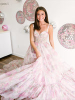 Women's Chiffon Floral Print A Line Long Prom Dresses Sweetheart Formal Evening Gowns