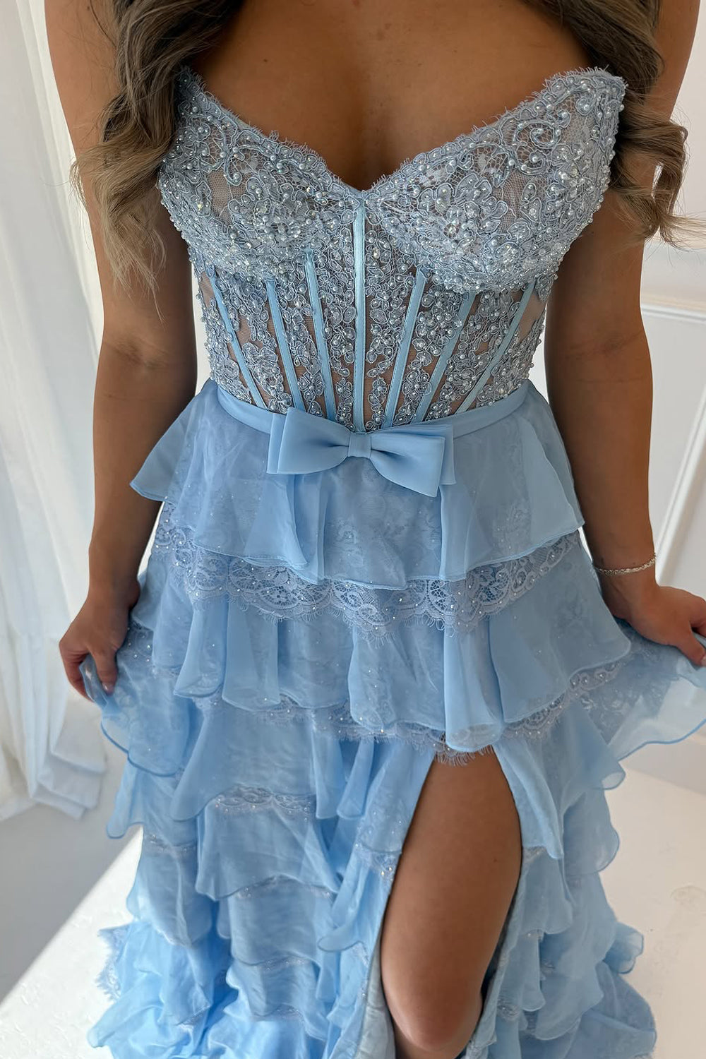 Fashion A Line Sweetheart Light Blue Chiffon Tiered Prom Dress with Lace