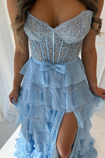 Fashion A Line Sweetheart Light Blue Chiffon Tiered Prom Dress with Lace
