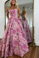 Gorgeous A Line Scoop Neck Jacquard Satin Prom Dress with Pearls