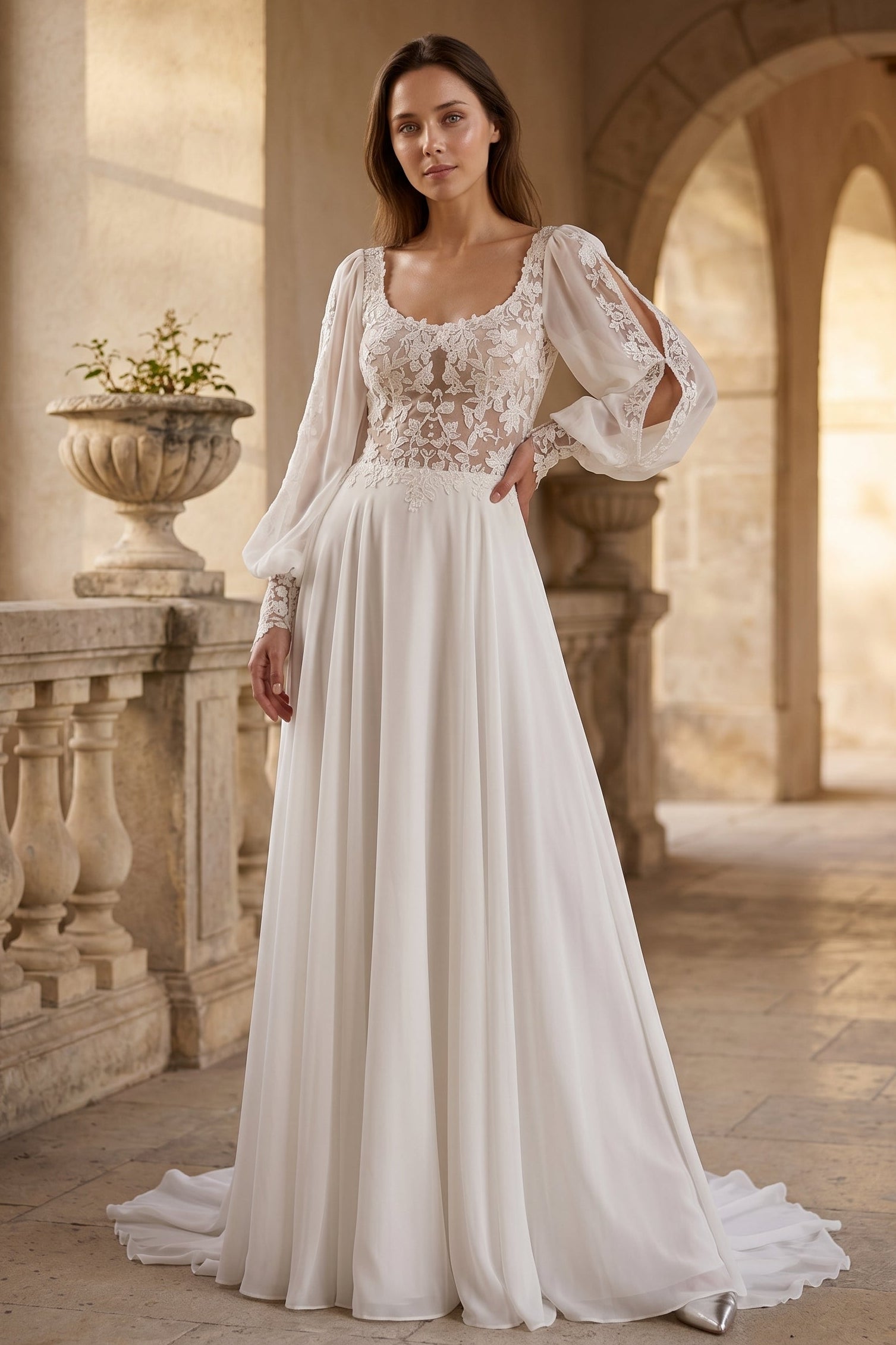 Square Neck Long Sleeve Applique A-Line Backless Wedding Dress