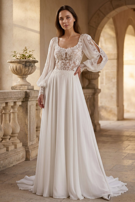 Square Neck Long Sleeve Applique A-Line Backless Wedding Dress