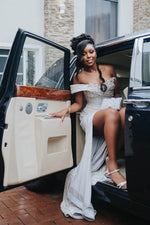 Modern Silver Off-the-Shoulder Sweetheart Mermaid Prom Dress Slit Long With Beadings