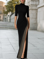 High-Neck Metallic Thread Knit Slit Maxi Dress