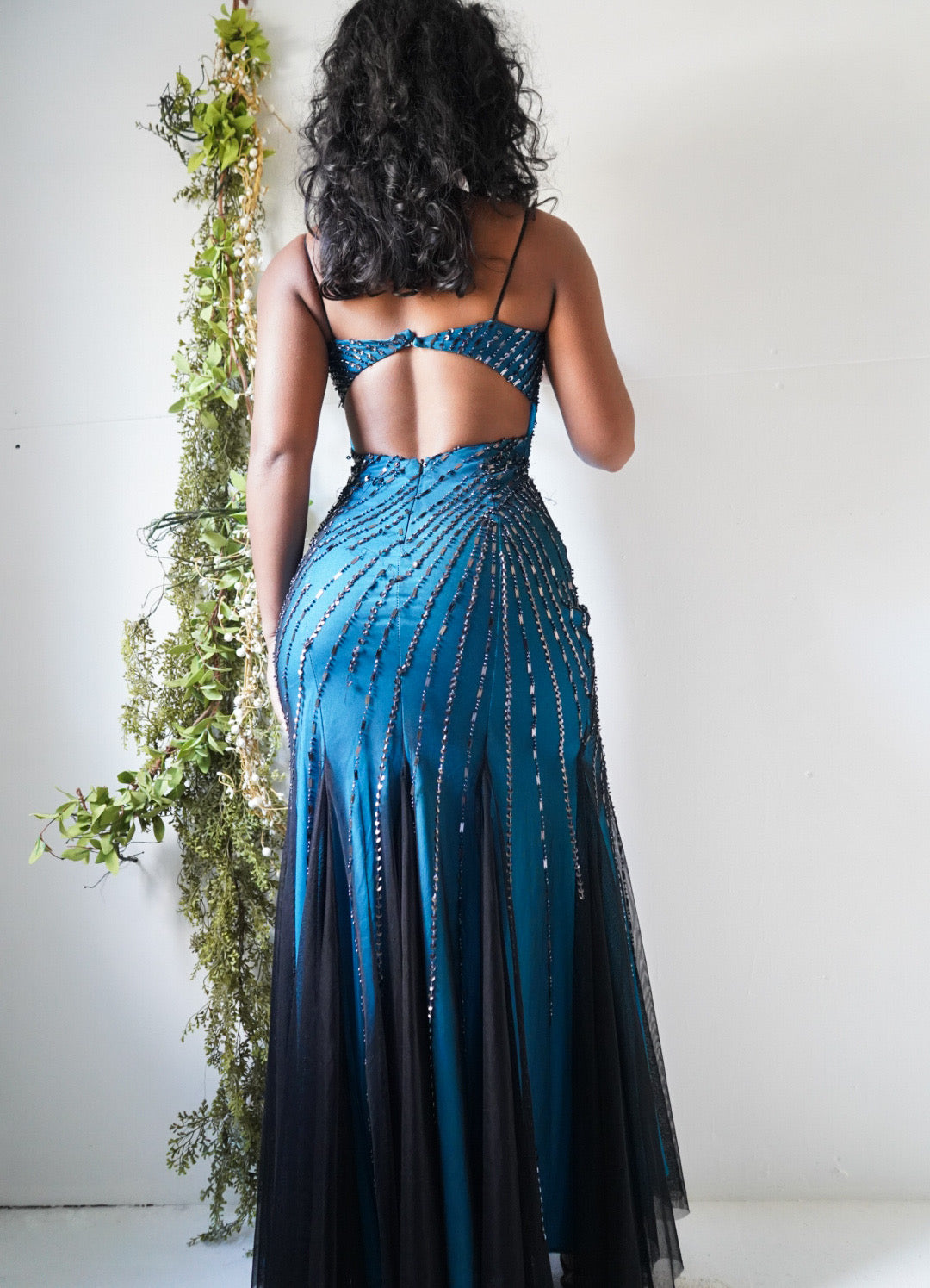Teal and Black Layered Backless Gown